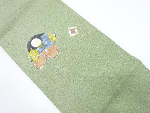 塩瀬　手描き　御所人形に七宝模様名古屋帯